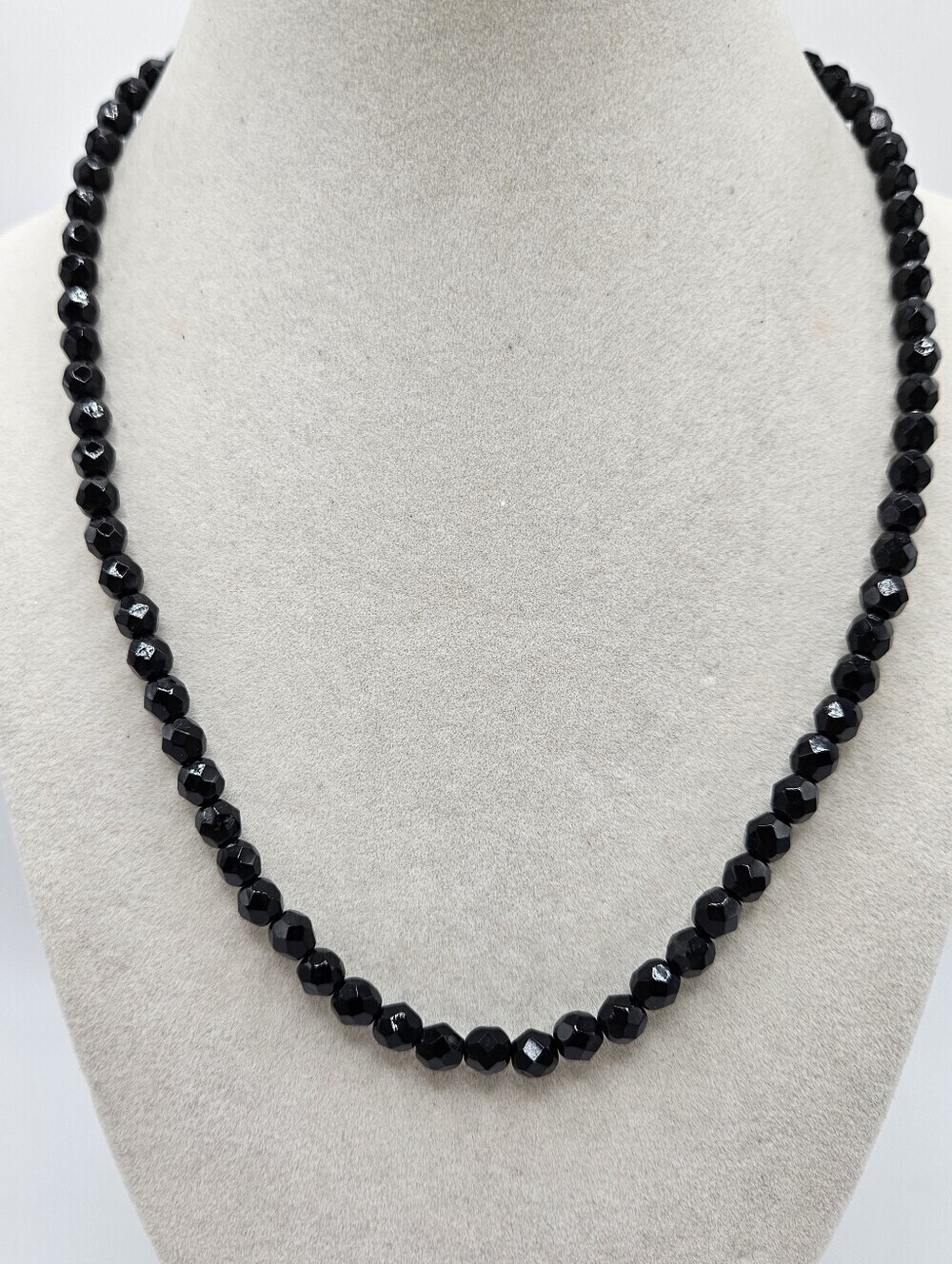 VINTAGE Black Faceted Glass Bead Strand Necklace Sterling Silver 925 Clasp